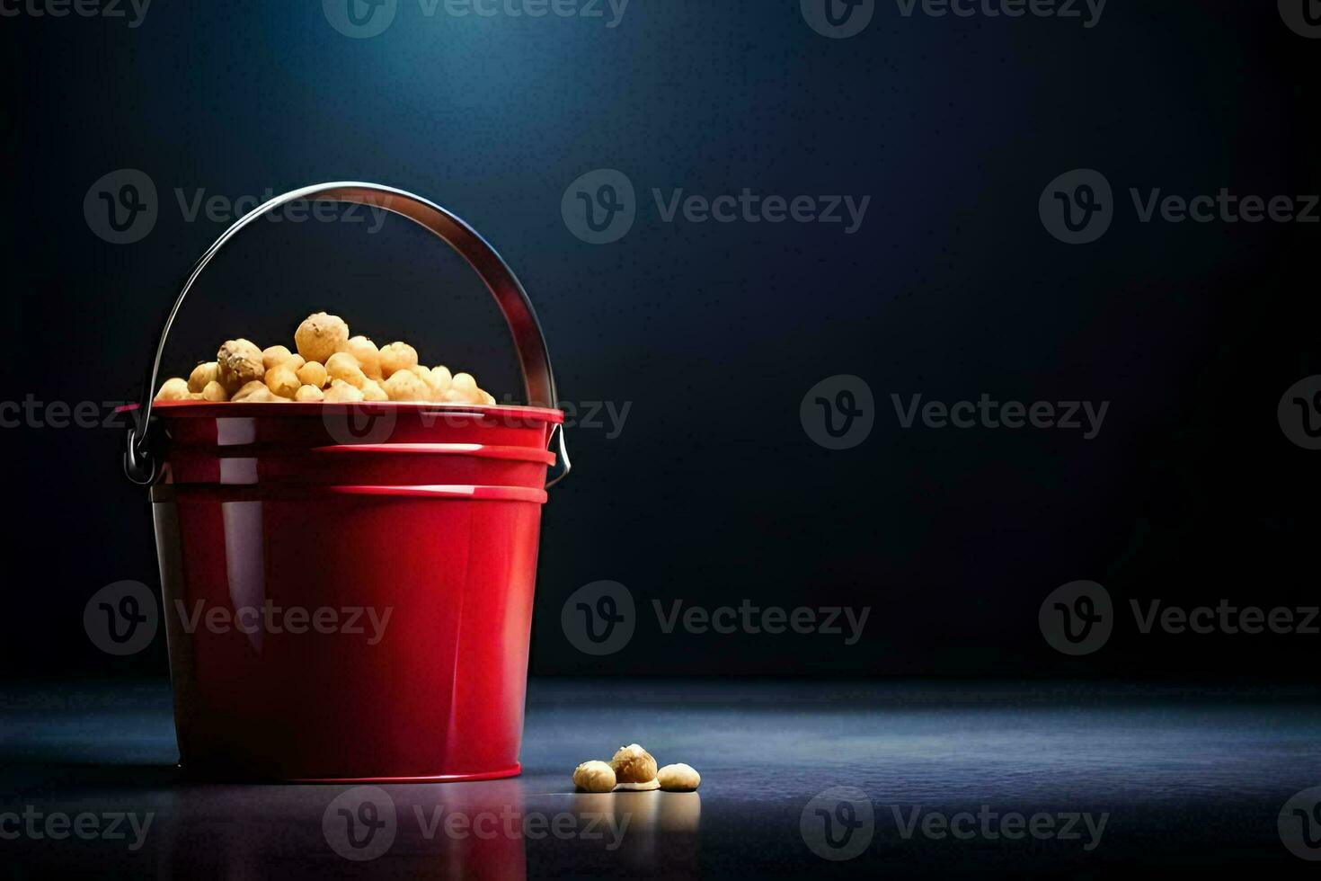 a red bucket filled with peanuts on a dark background. AI-Generated photo
