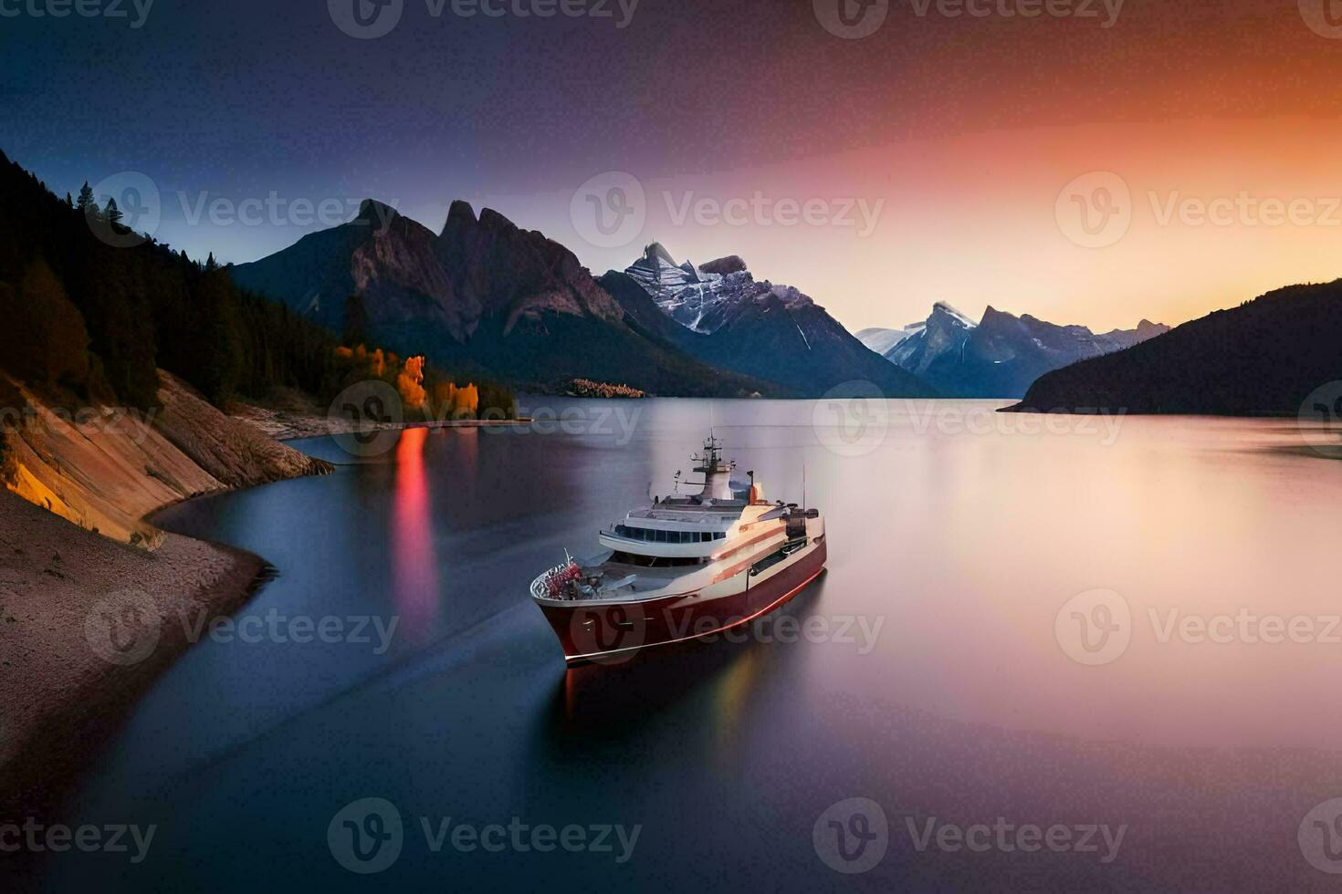 un barco es navegación en el agua cerca montañas. generado por ai foto