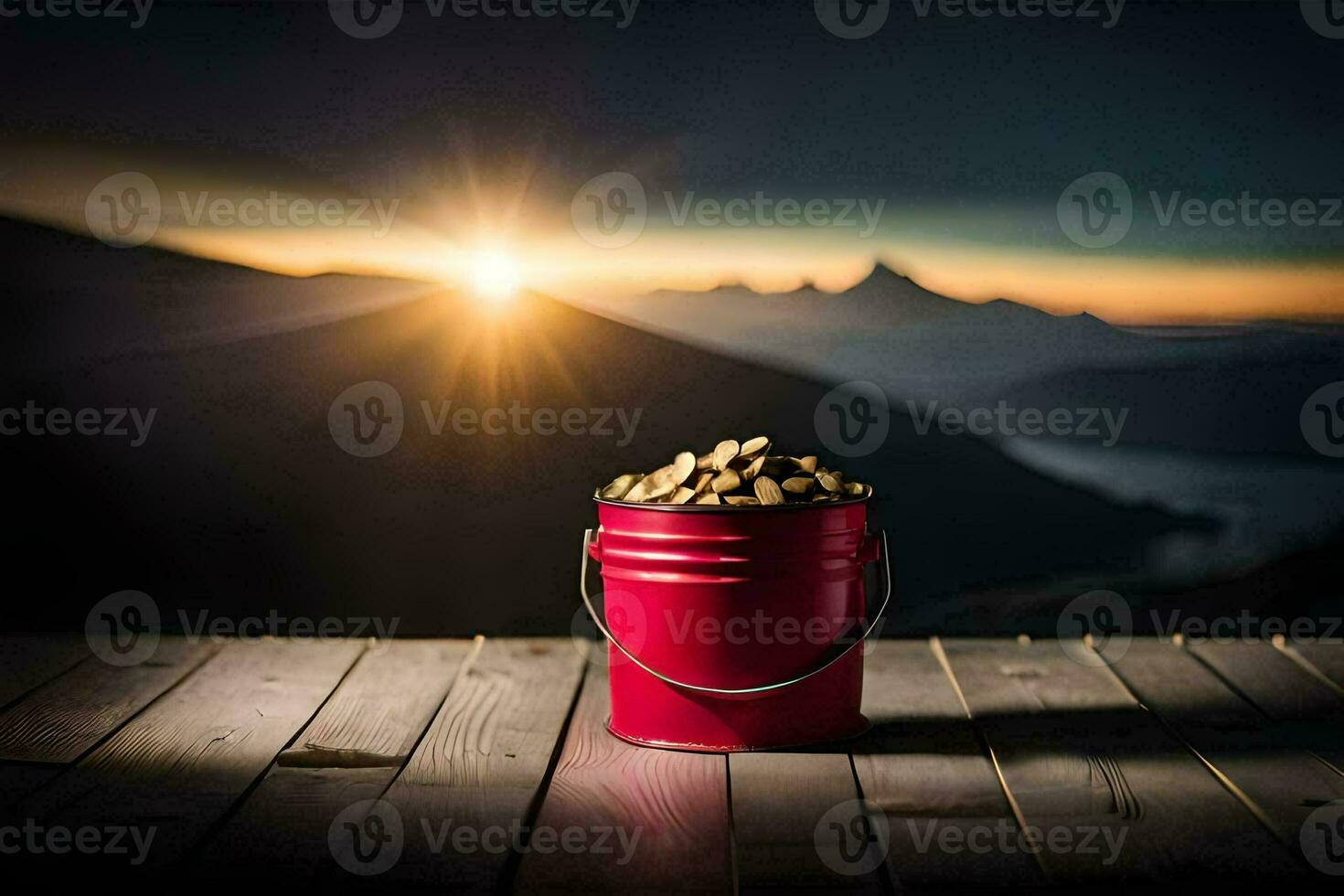 a bucket of gold coins on a wooden table in front of a sunset. AI-Generated photo
