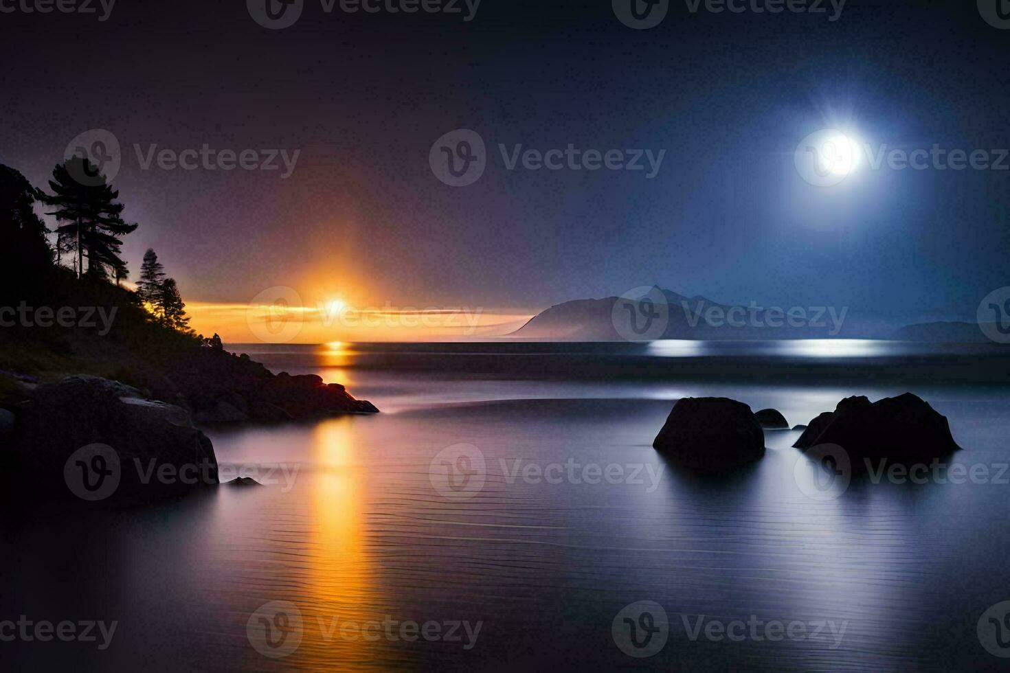 the moon is shining over the ocean at night. AI-Generated photo