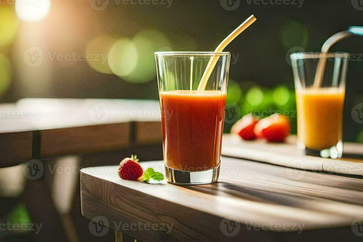 two glasses of juice on a table. AI-Generated photo