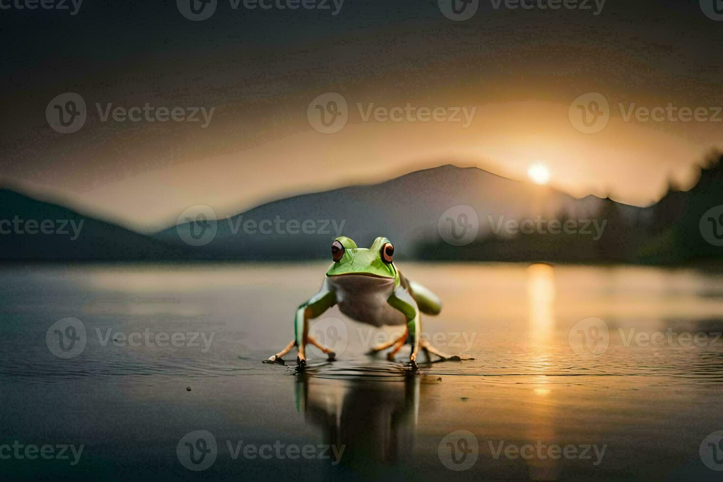 a frog standing on the edge of a lake at sunset. AI-Generated photo