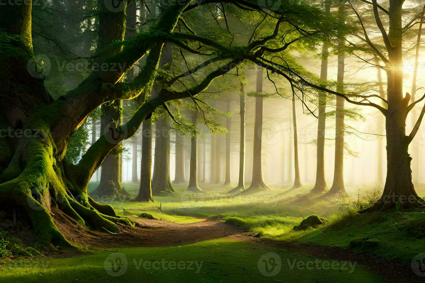 a path through a forest with trees and fog. AI-Generated photo