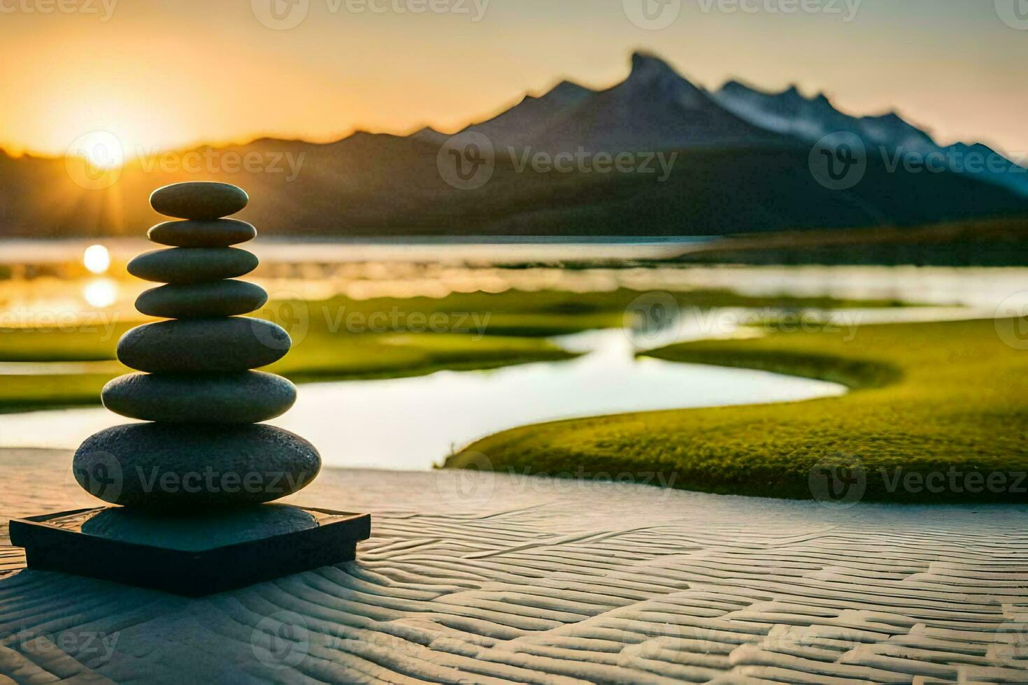a stack of stones in front of a lake and mountains. AI-Generated photo