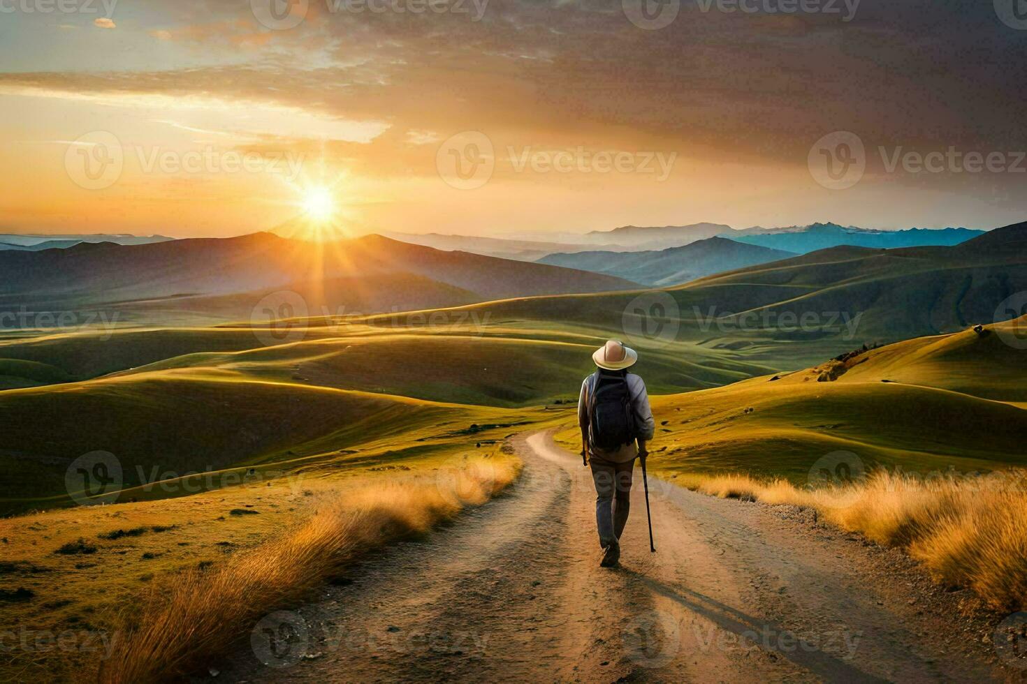 a man walks on a dirt road in the mountains. AI-Generated photo