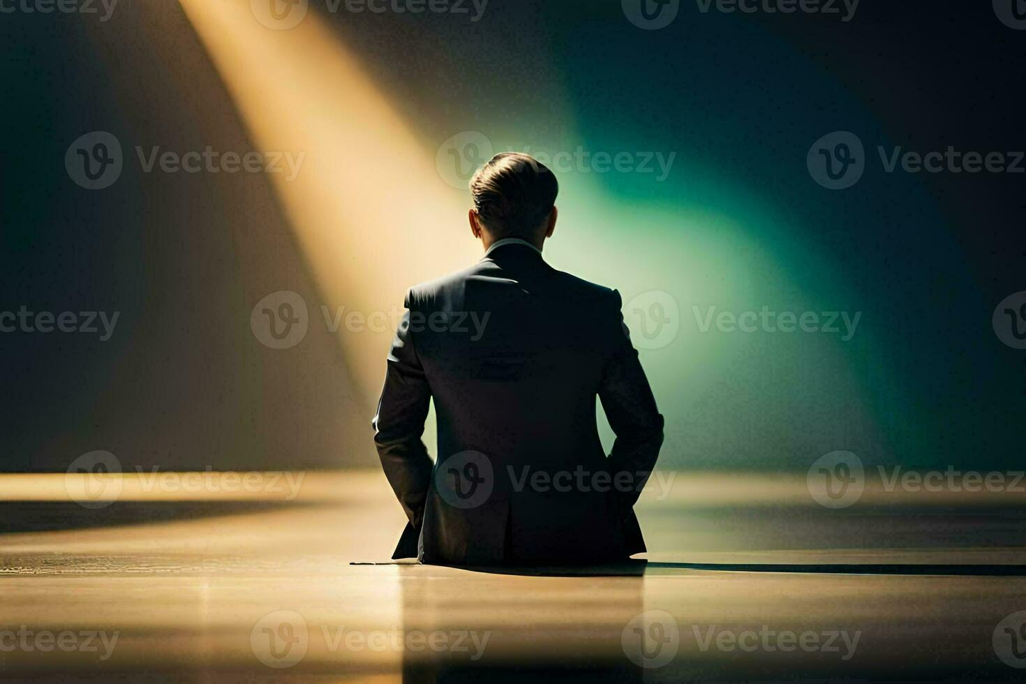 a man in a suit sits on the floor in front of a spotlight. AI-Generated photo