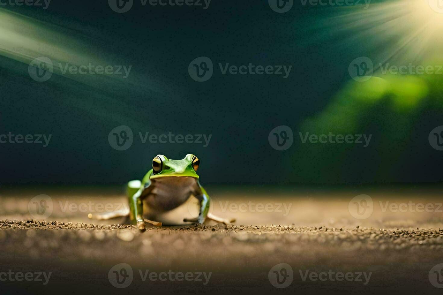 a frog sitting on the ground in front of a bright light. AI-Generated photo