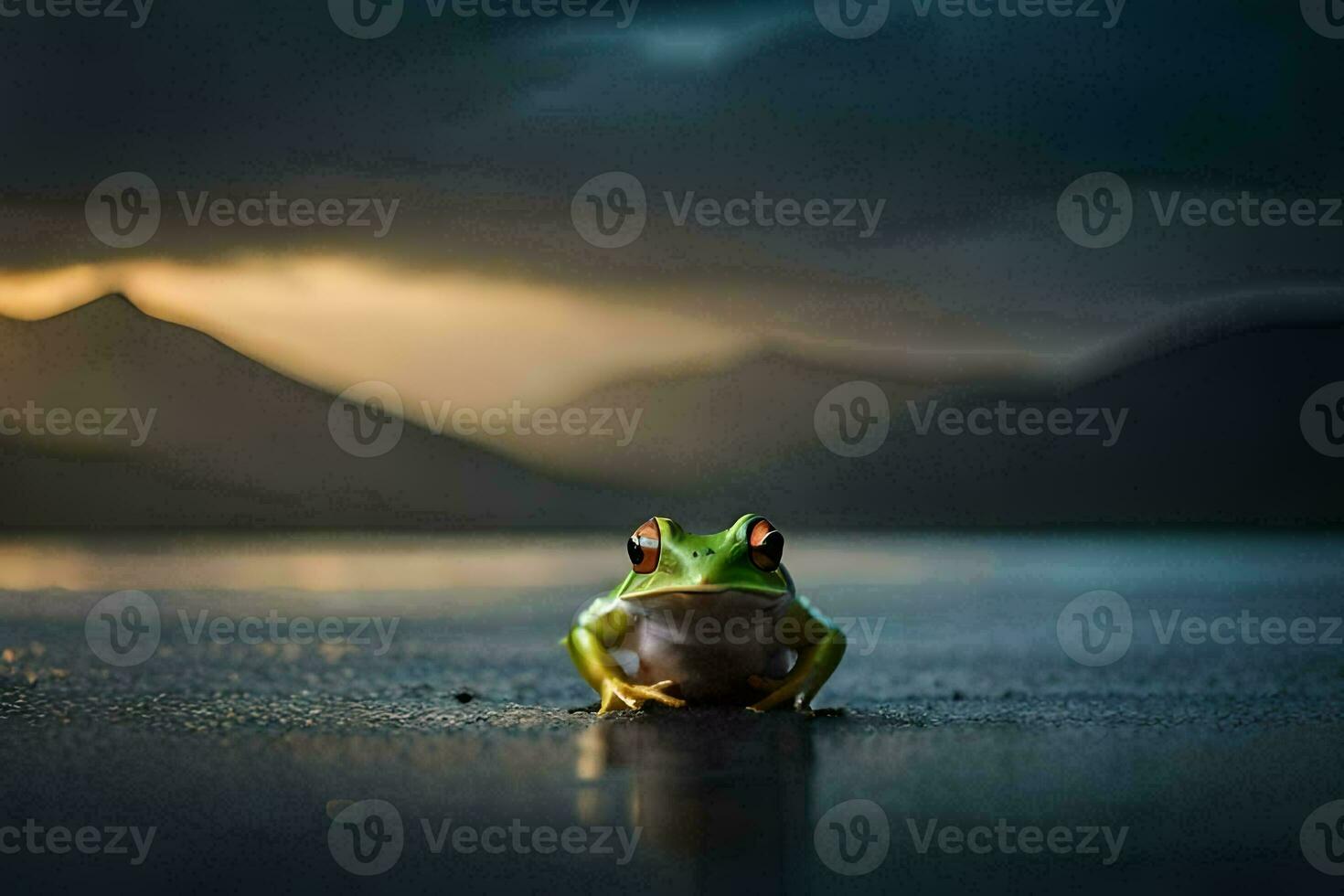 a frog sitting on the ground in front of a lake. AI-Generated photo