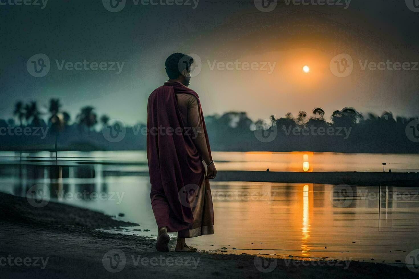 un monje en pie en el apuntalar de un lago a puesta de sol. generado por ai foto