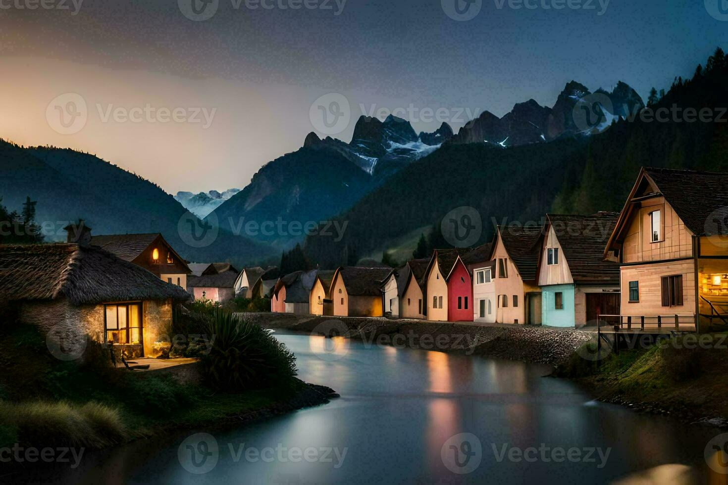 colorful houses line the banks of a river at dusk. AI-Generated photo