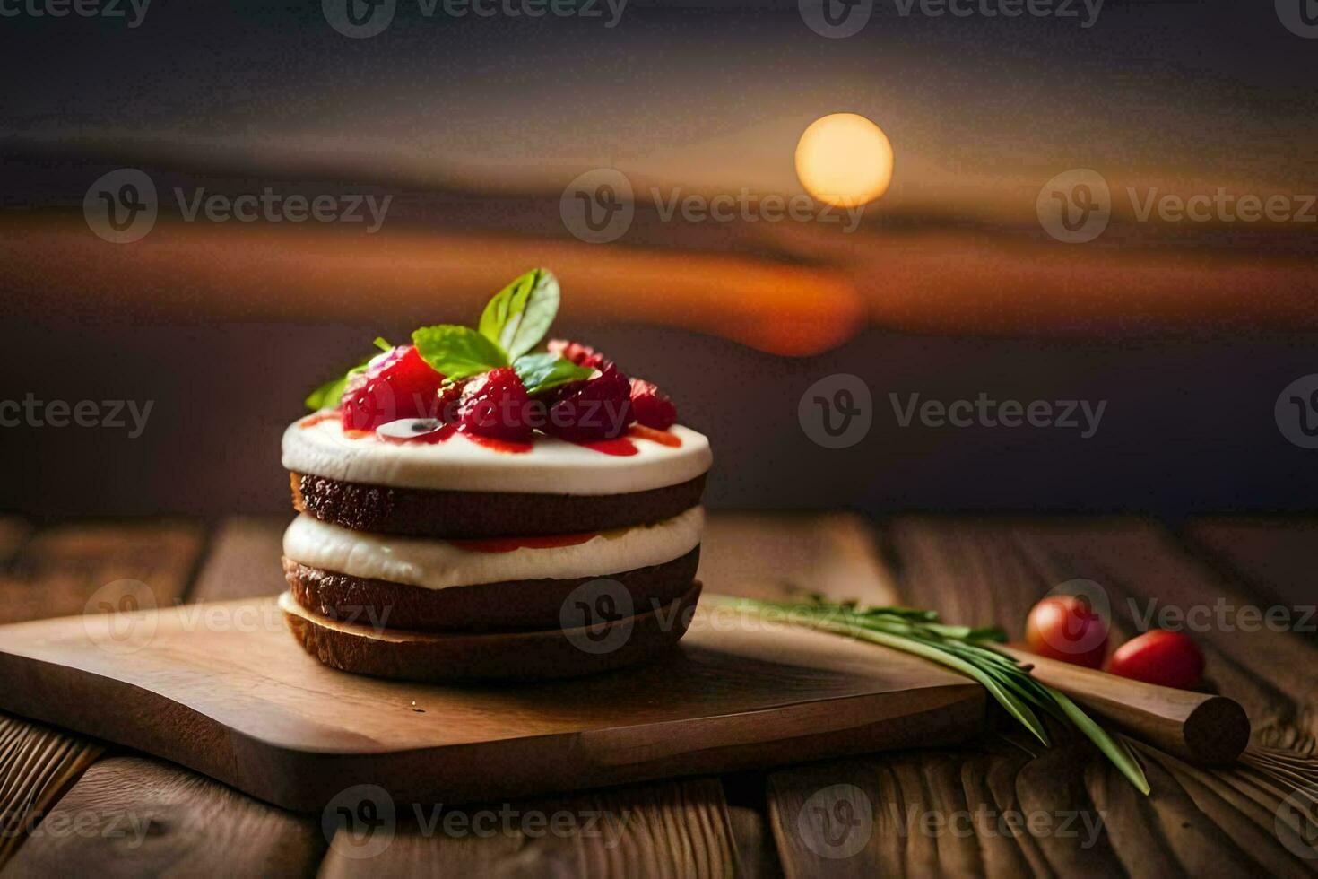 a cake with strawberries and cream on a wooden table. AI-Generated photo