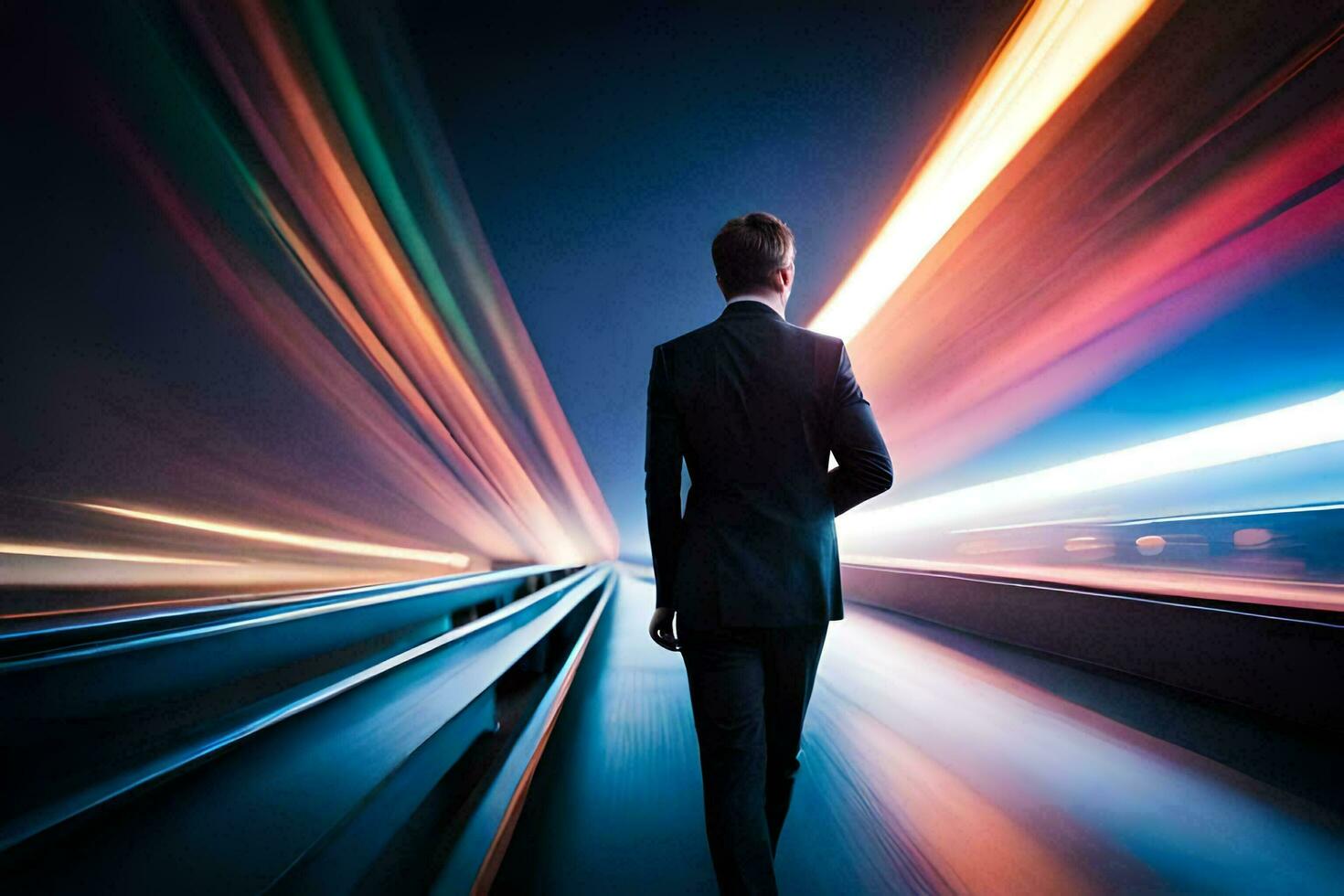 a man in a suit is walking on a highway at night. AI-Generated photo