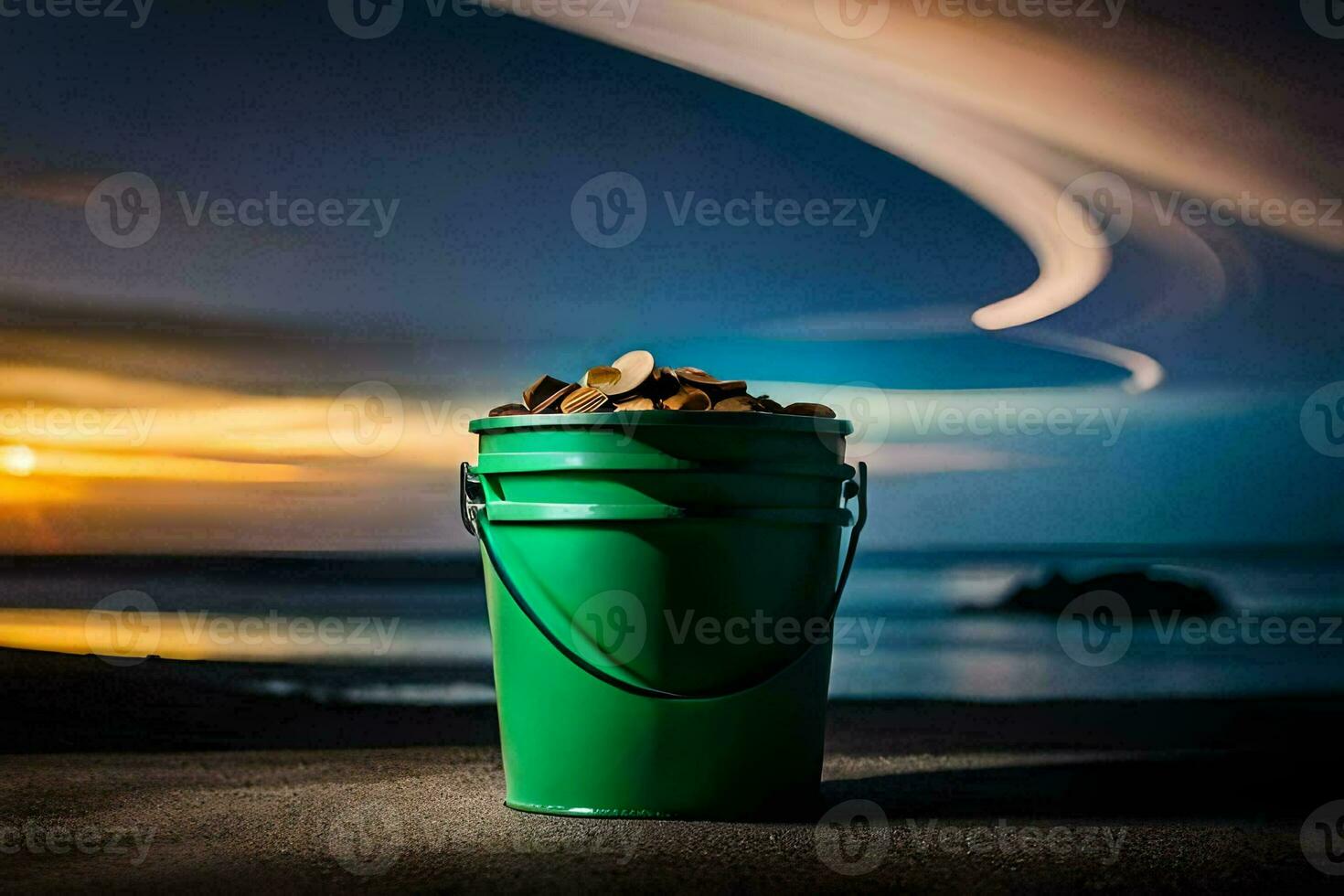 un Cubeta de madera en el playa a puesta de sol. generado por ai foto