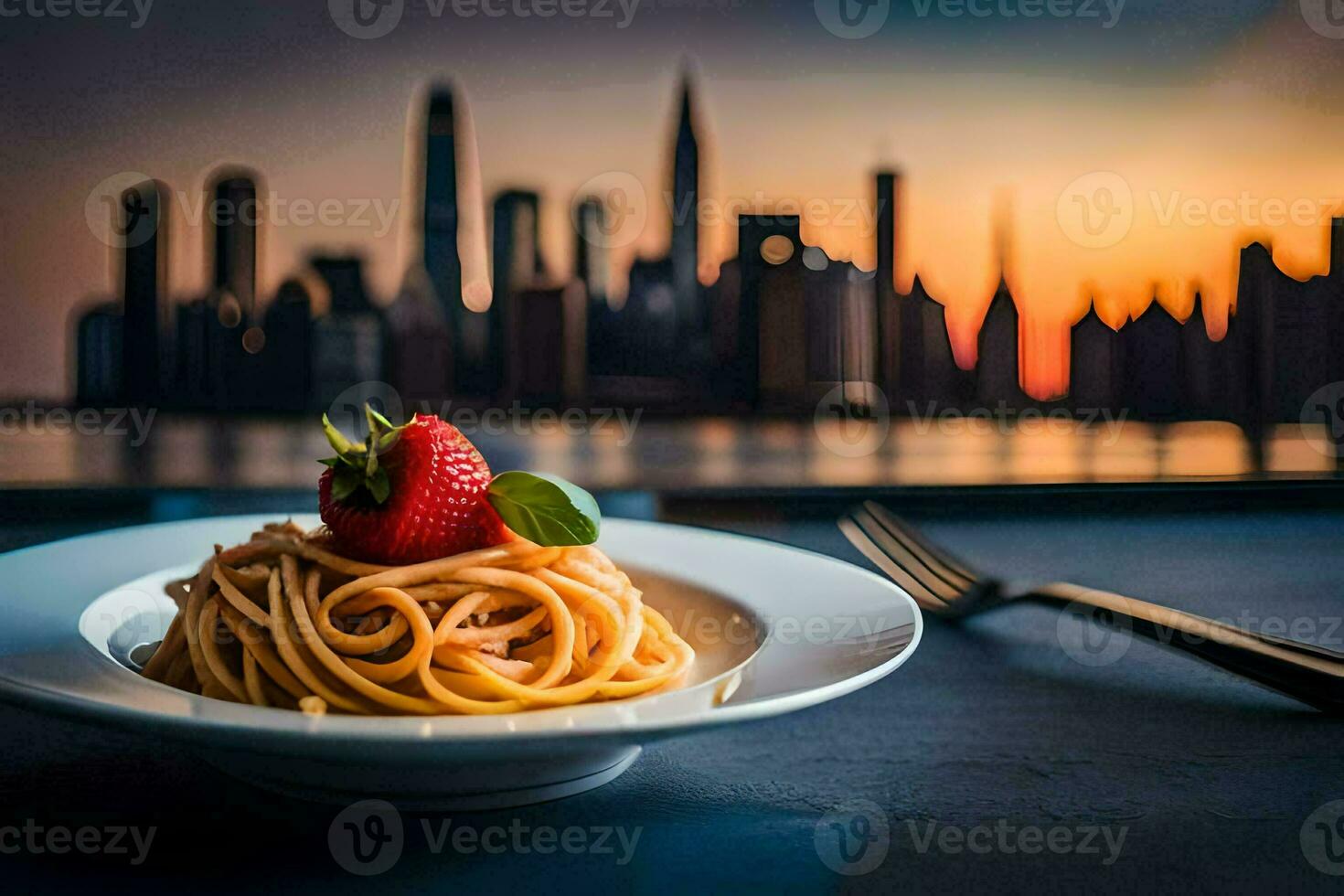 a plate of spaghetti with a strawberry on top of it in front of a city skyline. AI-Generated photo