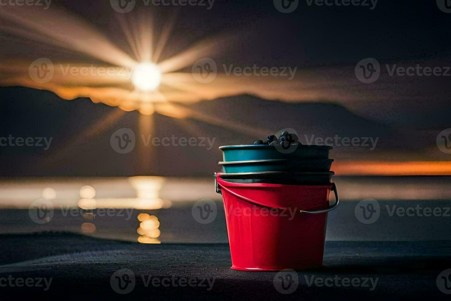 bucket of berries on the beach. AI-Generated photo