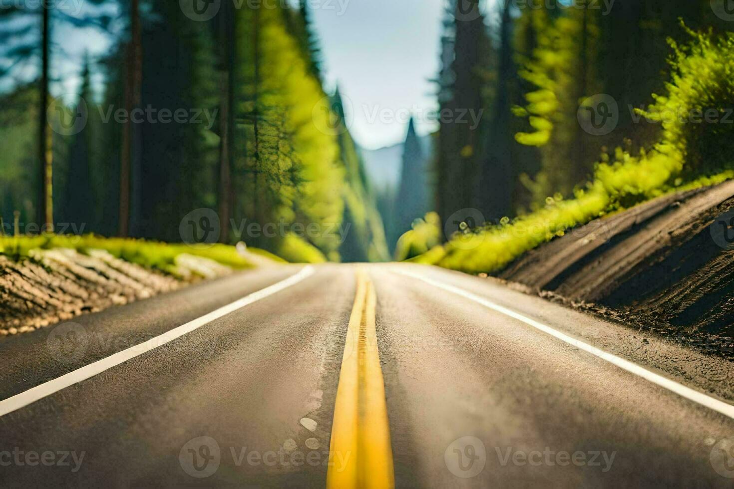 a road in the mountains with trees and grass. AI-Generated photo