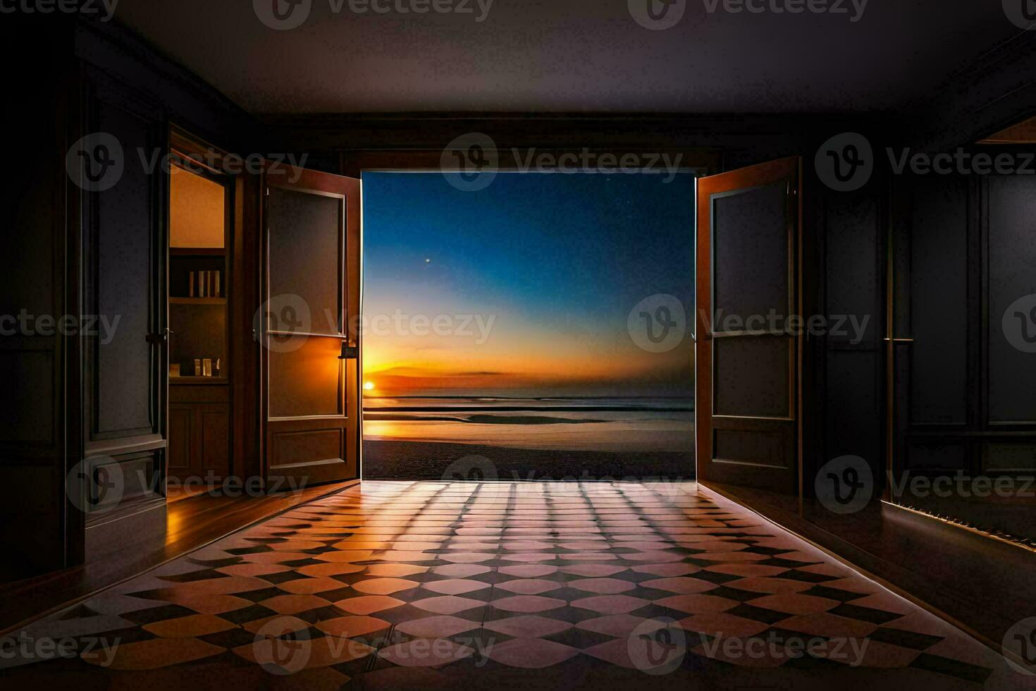 un abierto puerta Guías a un playa a puesta de sol. generado por ai foto