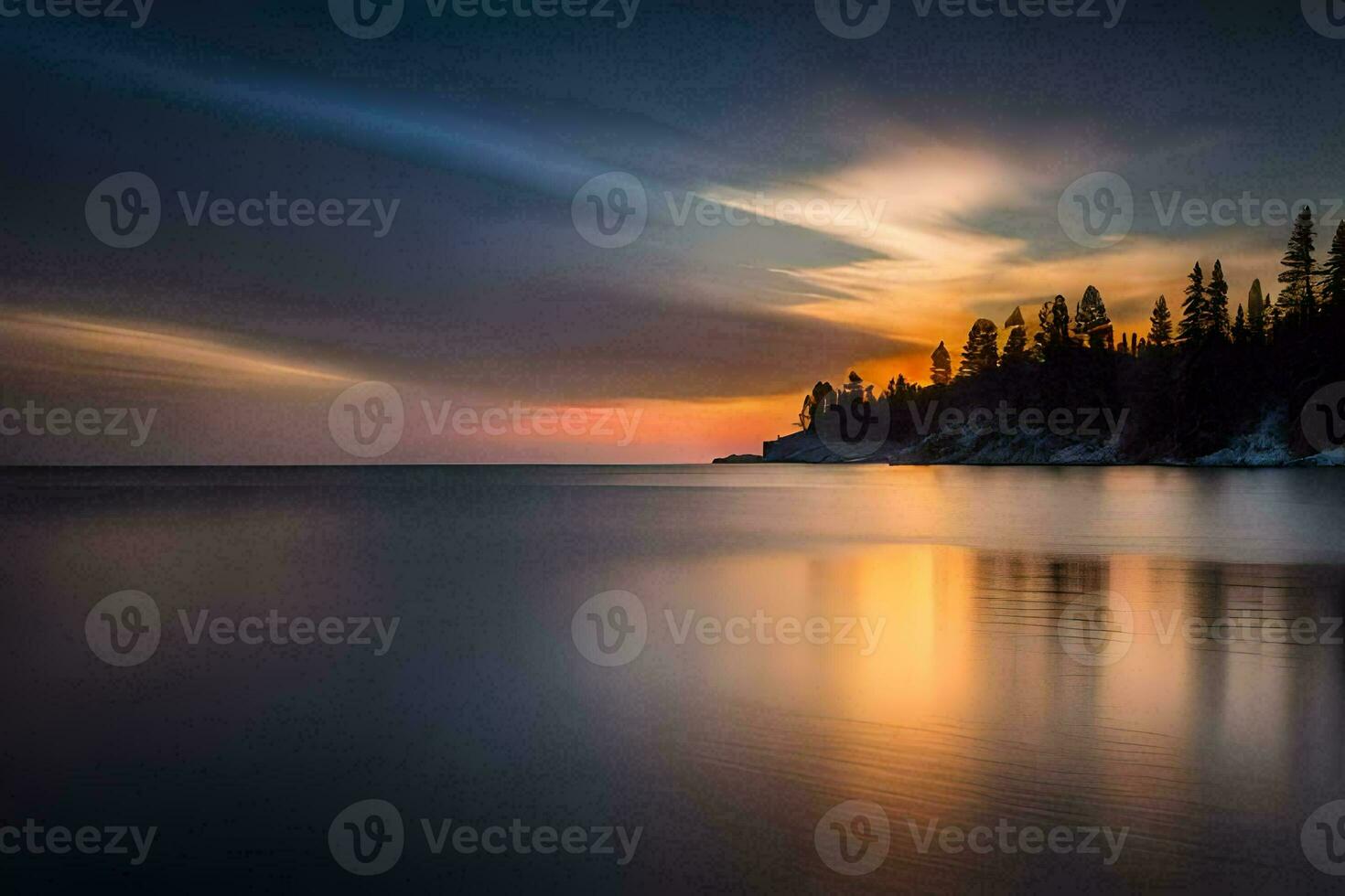 a sunset over the water with trees in the foreground. AI-Generated photo