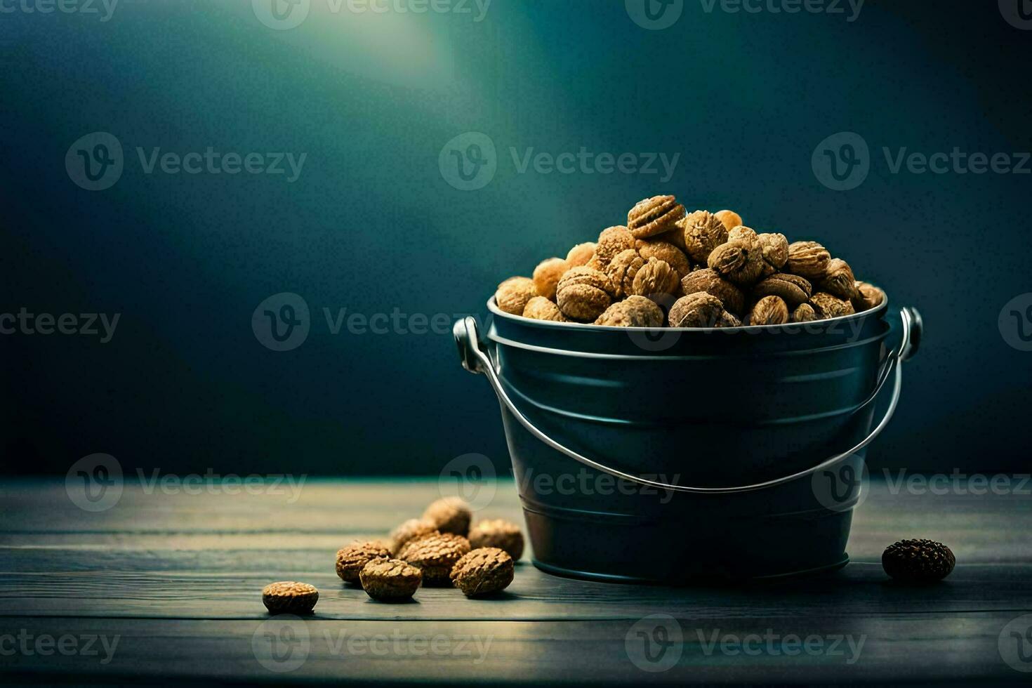 nuts in a bucket on a dark table. AI-Generated photo