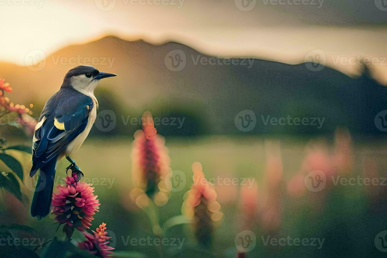 a bird sits on a flower in front of a mountain. AI-Generated photo
