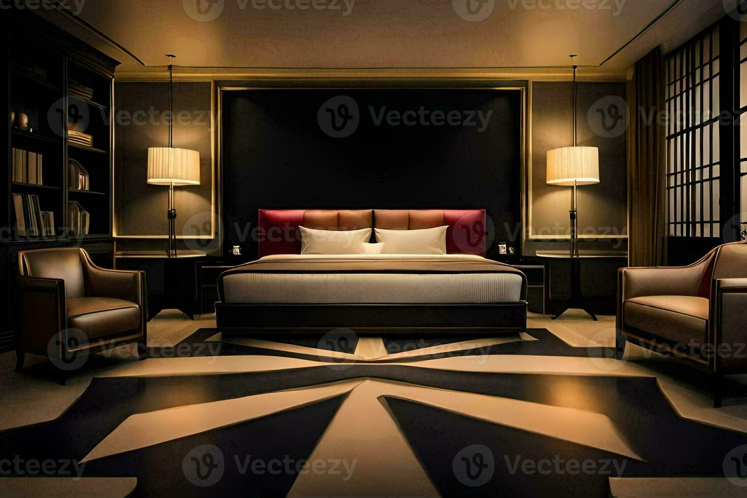 un dormitorio con un negro y blanco diseño. generado por ai foto