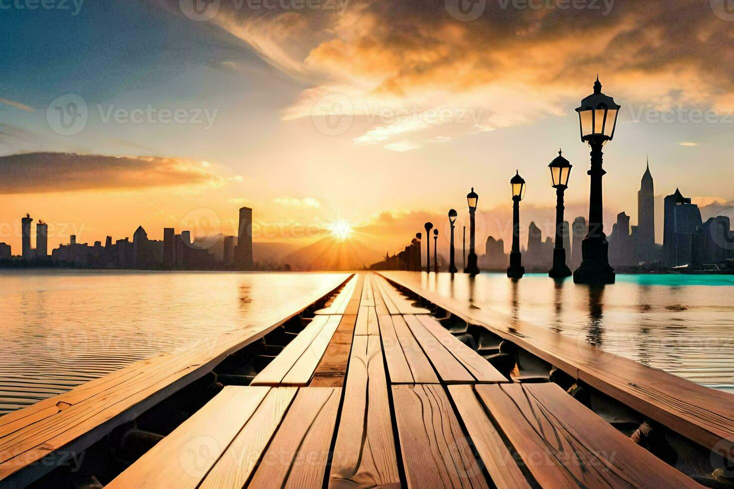 a wooden pier leads to the water with a city skyline in the background. AI-Generated photo