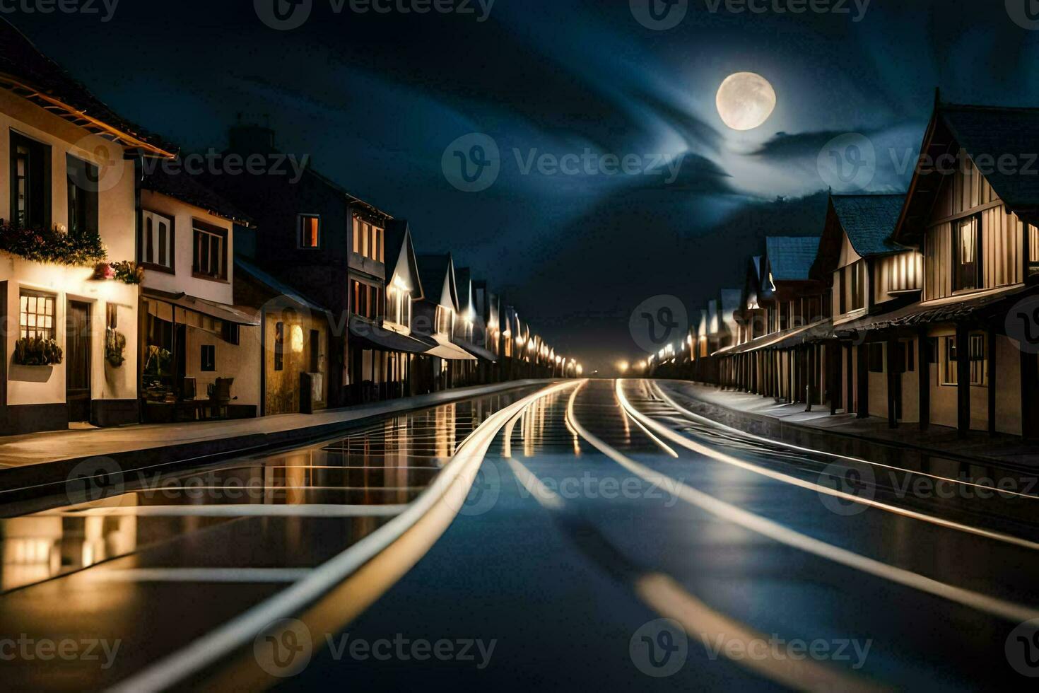 a street with a full moon in the sky. AI-Generated photo