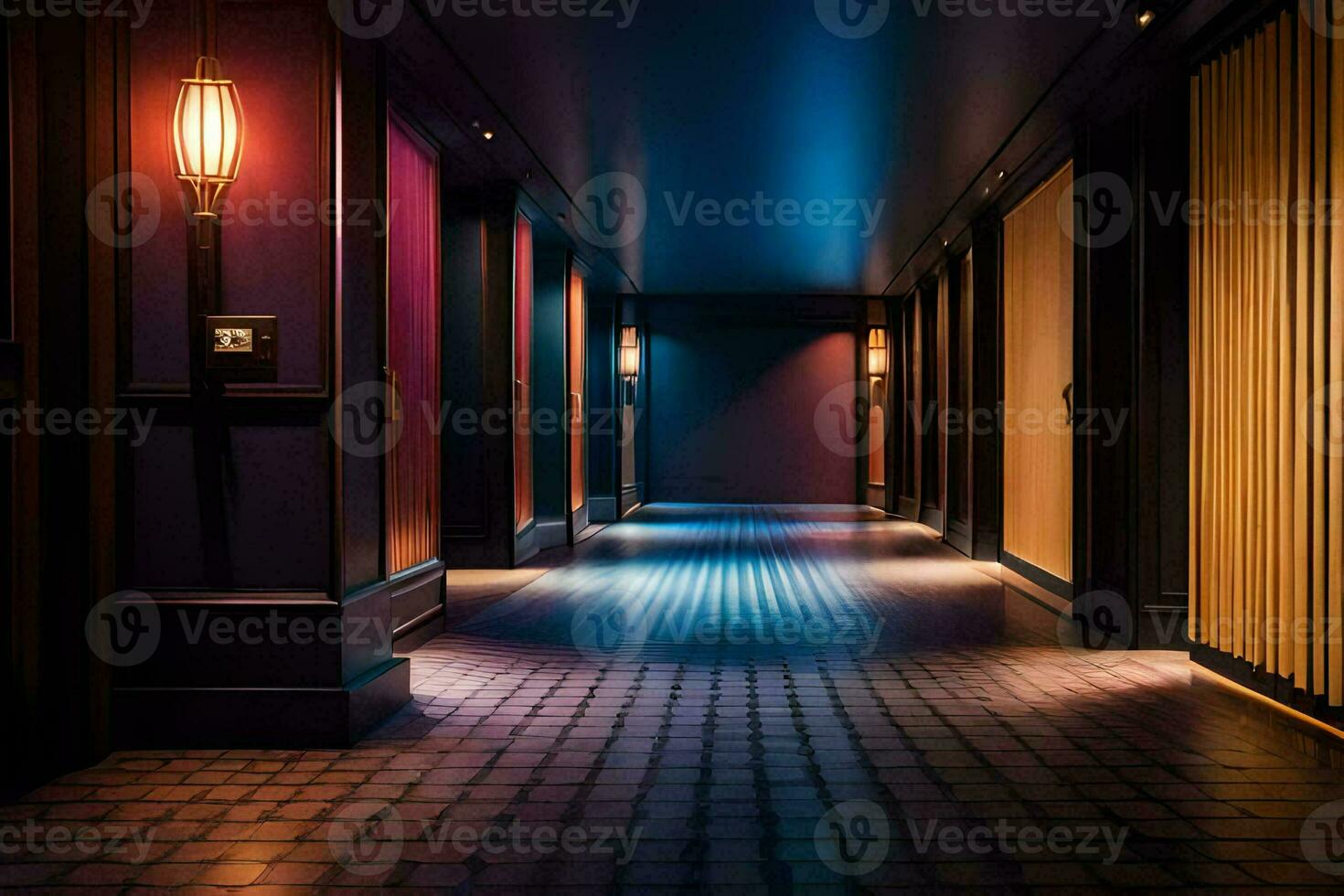 a long hallway with lights on the walls. AI-Generated photo