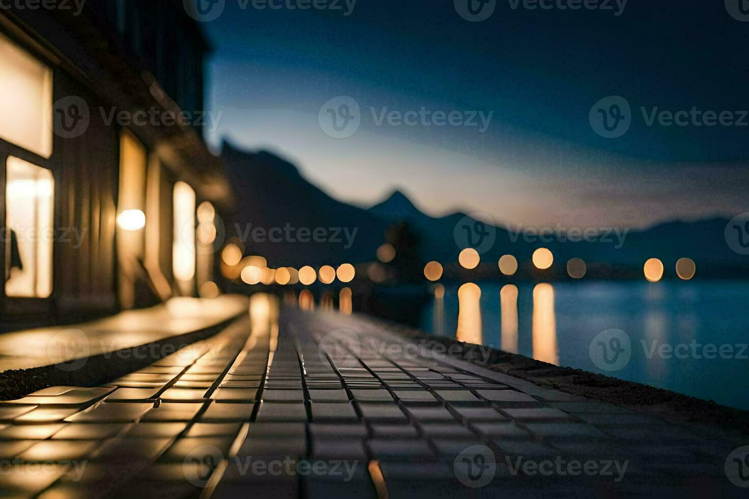 a long walkway along the water with lights on it. AI-Generated photo
