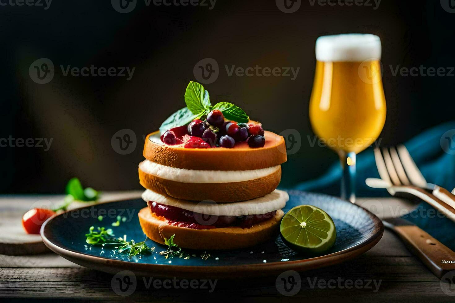 a stack of pancakes with berries and a glass of beer. AI-Generated photo