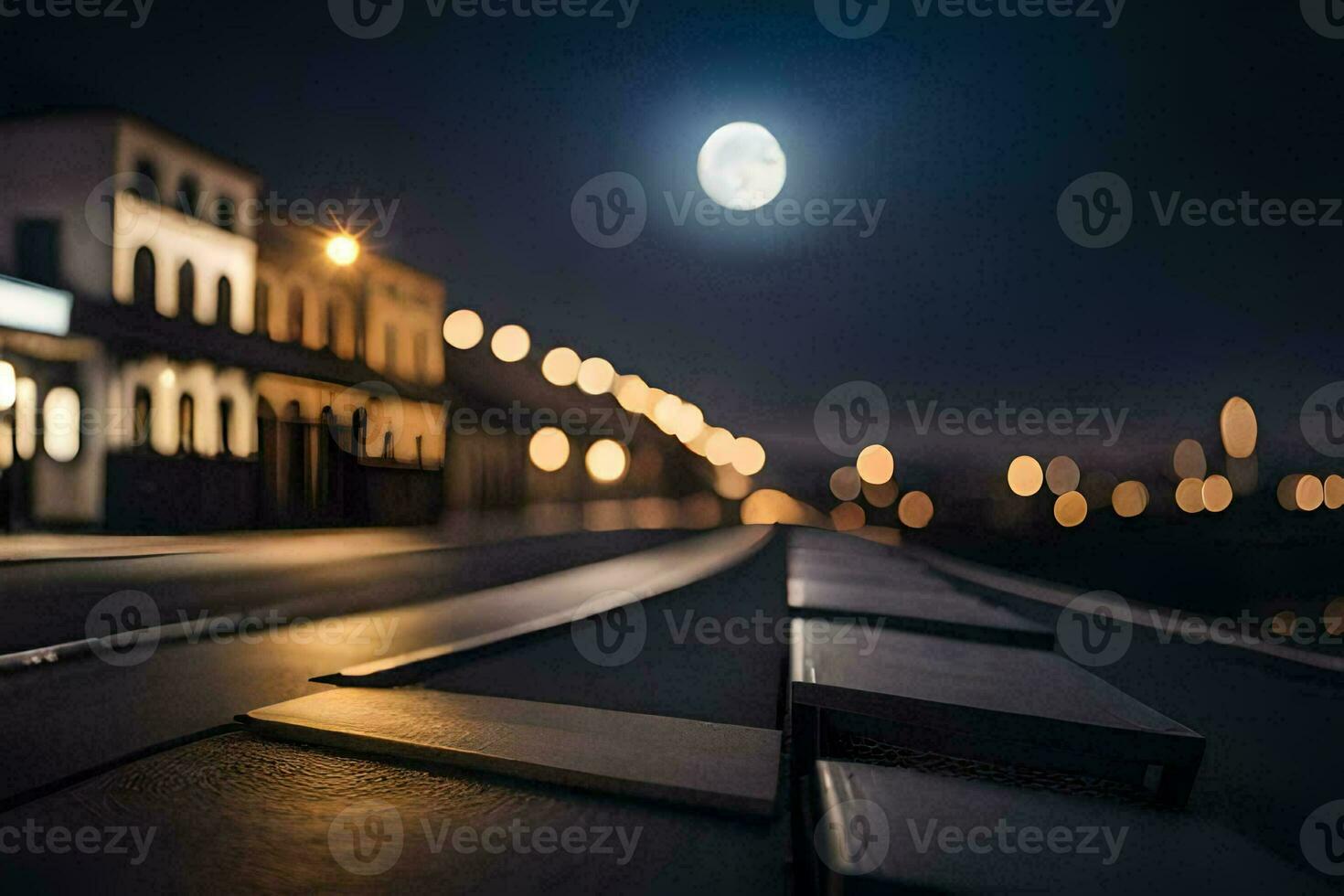 a street at night with a full moon in the sky. AI-Generated photo