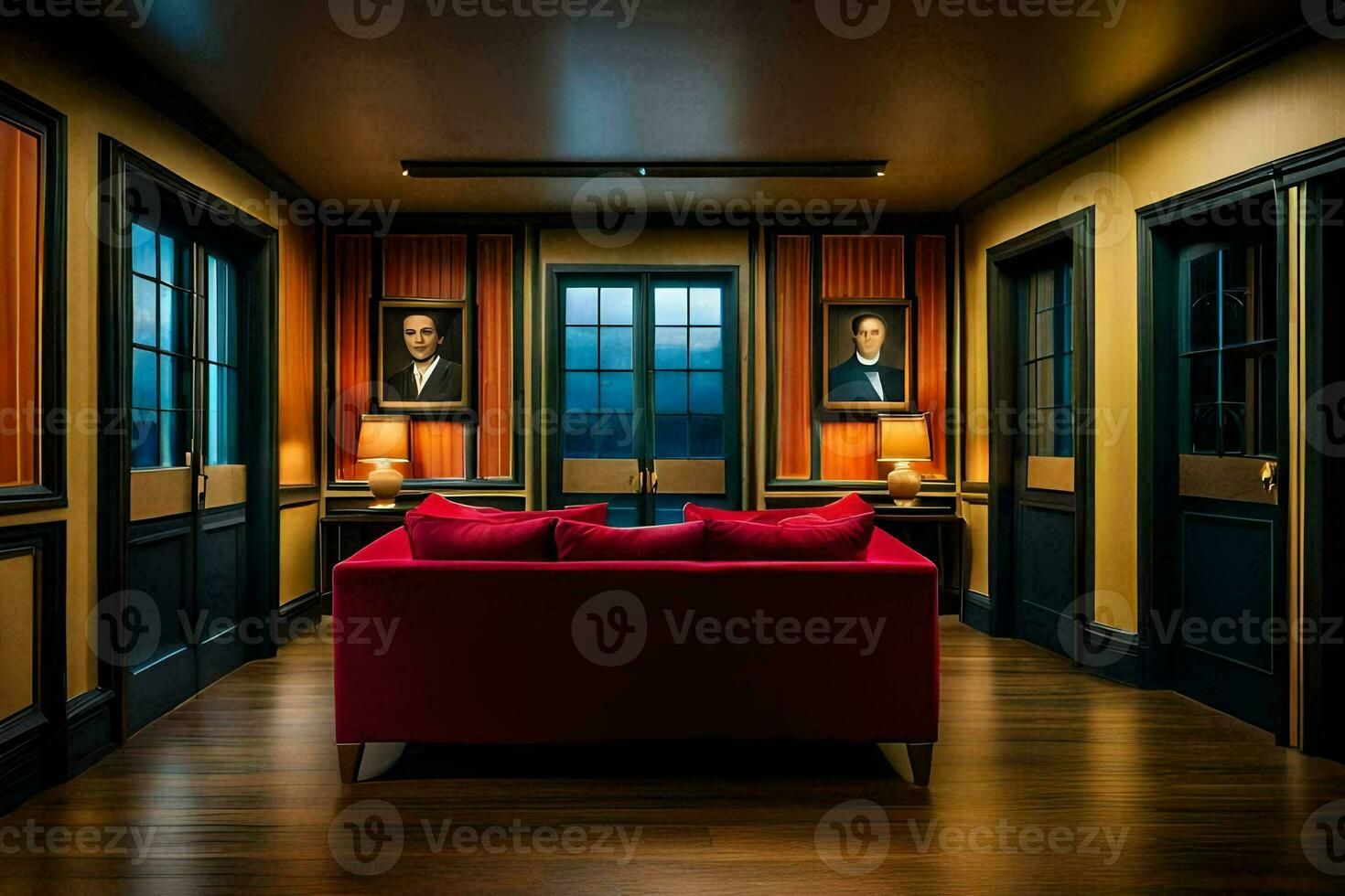 a room with a red couch and two paintings on the wall. AI-Generated photo