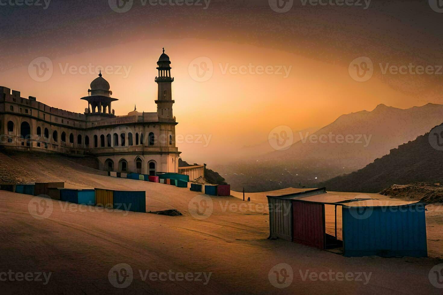 the sunset over the mountains and a mosque. AI-Generated photo