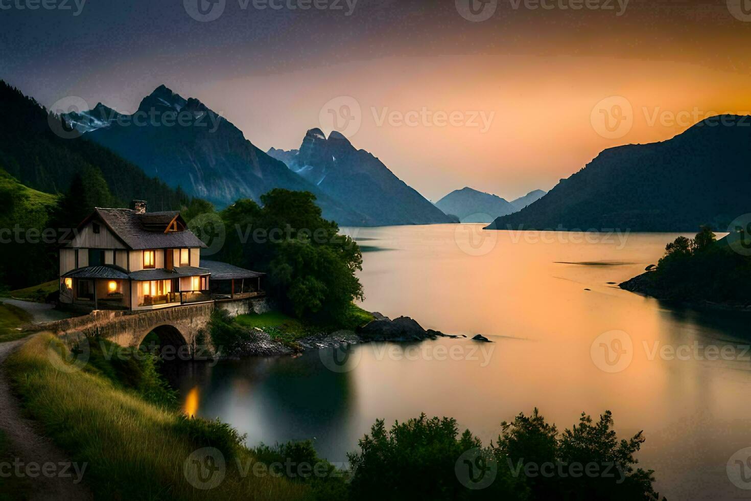 un casa se sienta en el lado de un montaña con vista a un lago. generado por ai foto