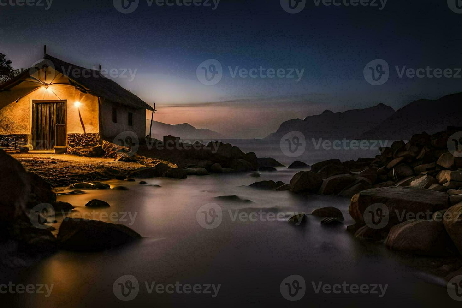 a small house on the shore of a lake at night. AI-Generated photo