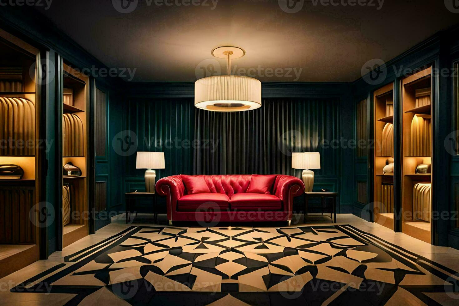 a room with a red couch and black and white patterned floor. AI-Generated photo