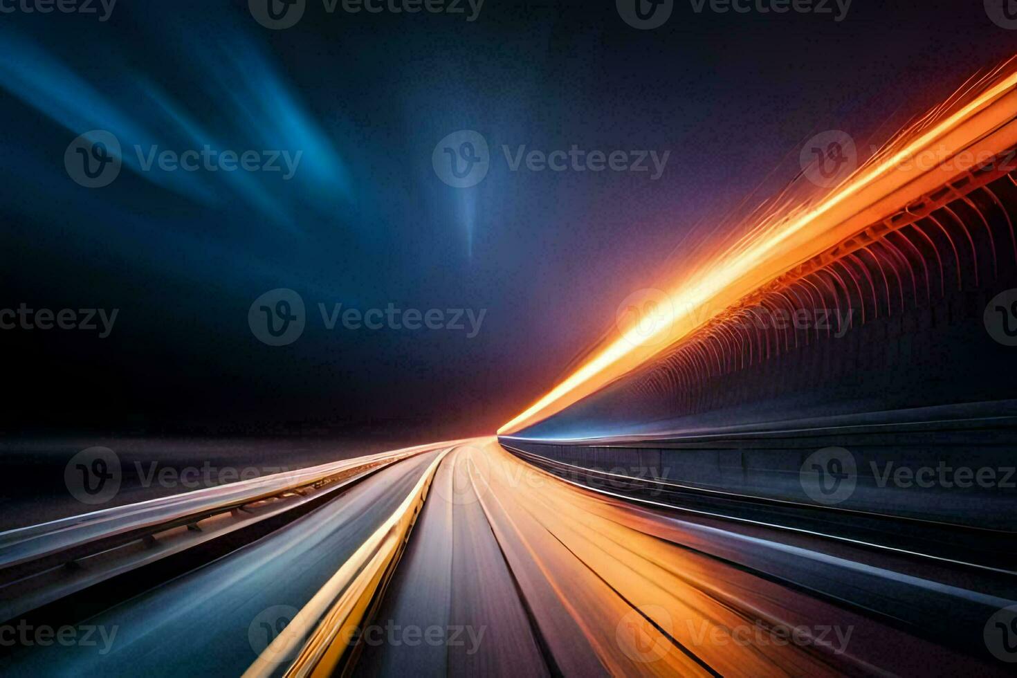 a long exposure photograph of a train speeding through the night. AI-Generated photo