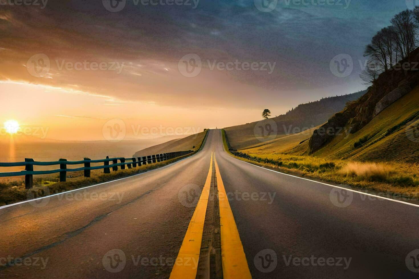 a long road with the sun setting over the mountains. AI-Generated photo