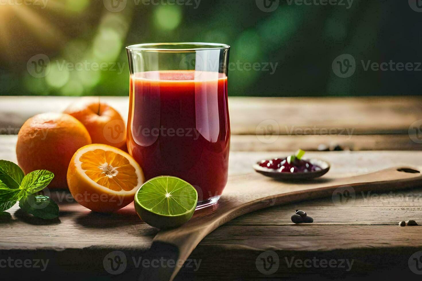 a glass of juice with oranges, lime and a slice of lime. AI-Generated photo