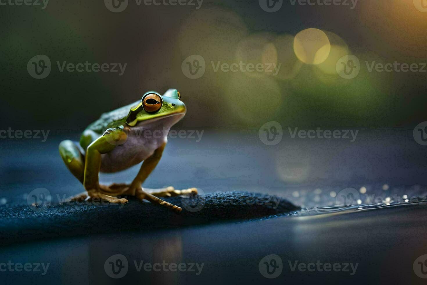 a frog sitting on a rock in the water. AI-Generated photo