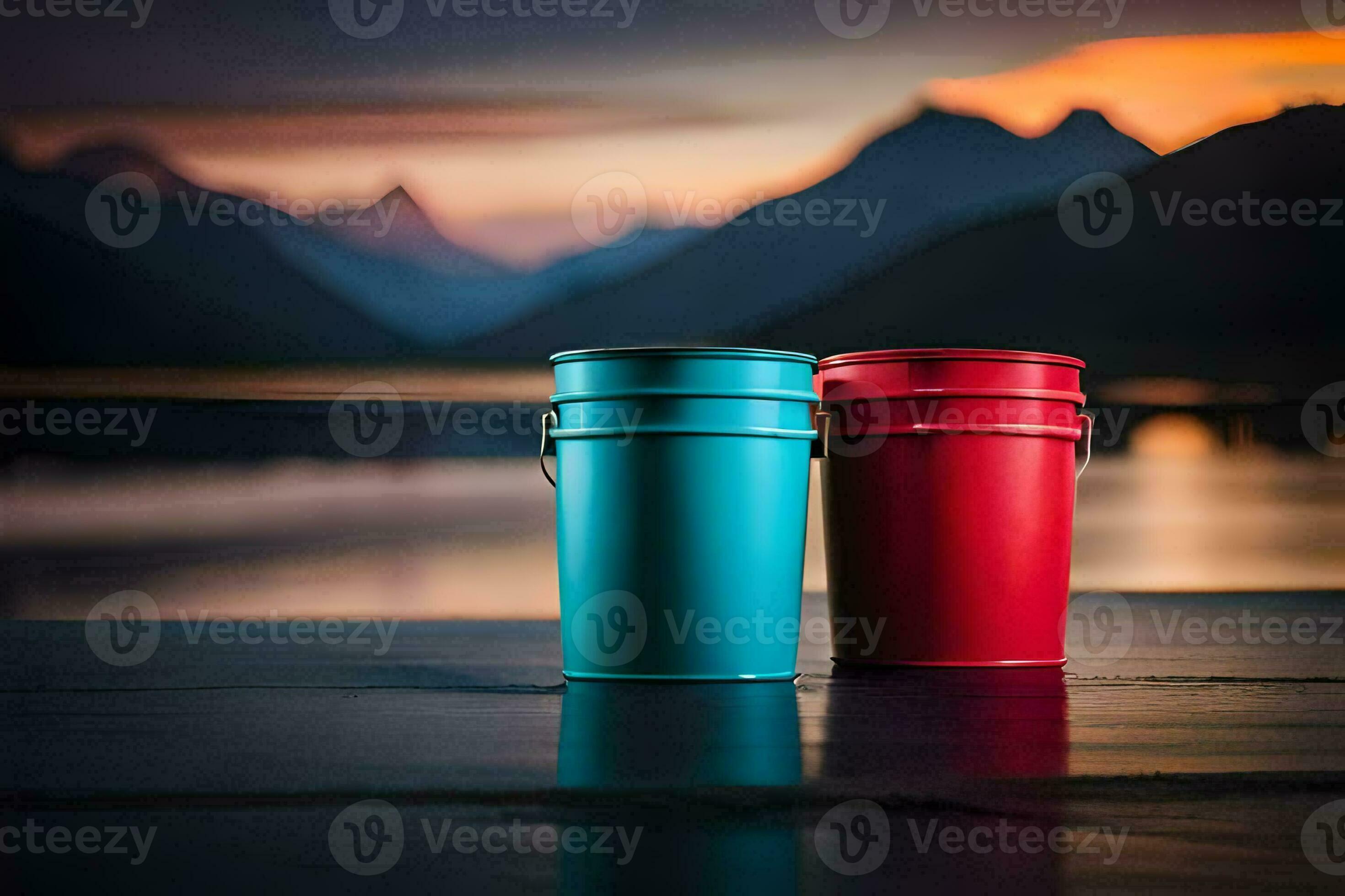 two red and blue buckets sitting on a dock with mountains in the