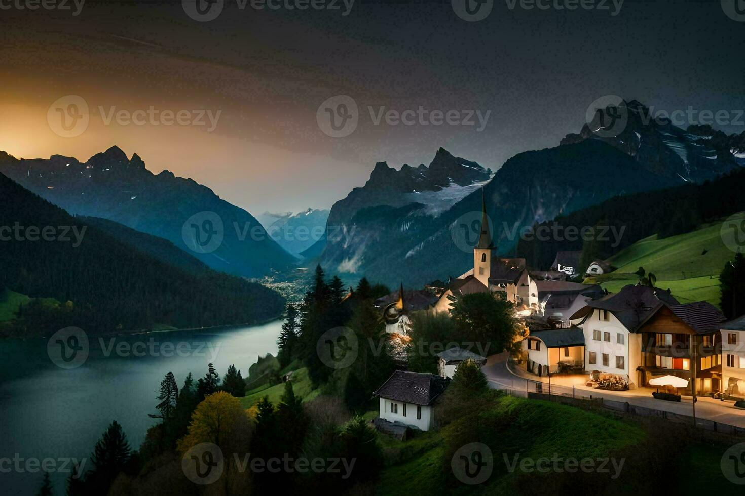 photo wallpaper the sky, mountains, lake, house, the village, the lake, the mountains. AI-Generated