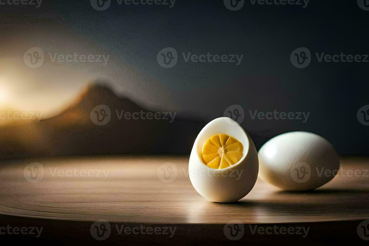 two hard boiled eggs sit on a table with a mountain in the background. AI-Generated photo