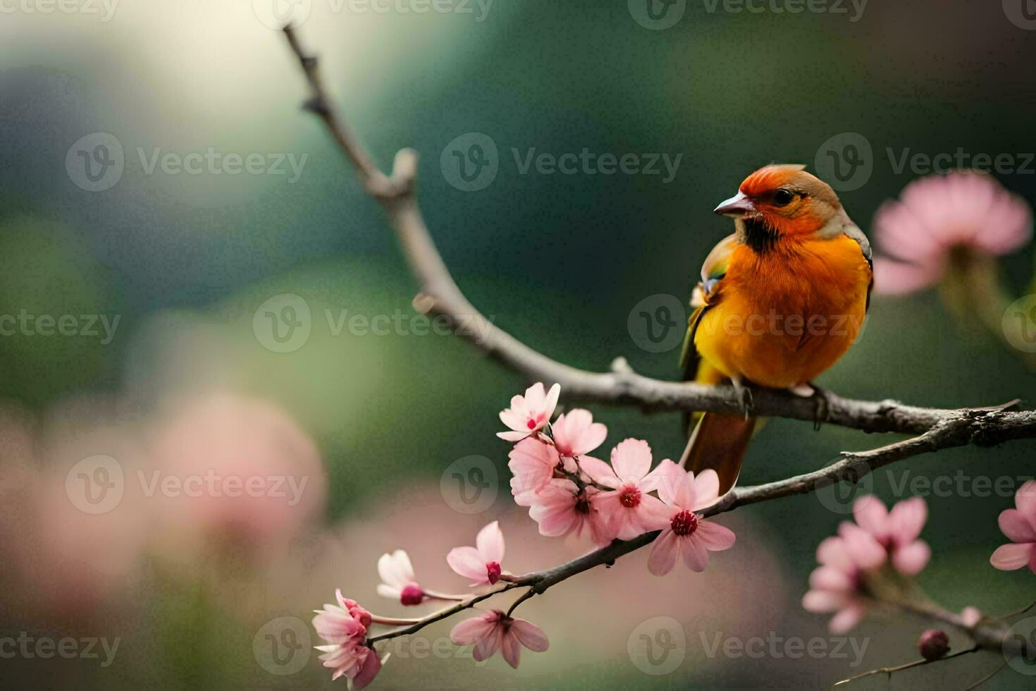 a bird sits on a branch with pink flowers. AI-Generated photo
