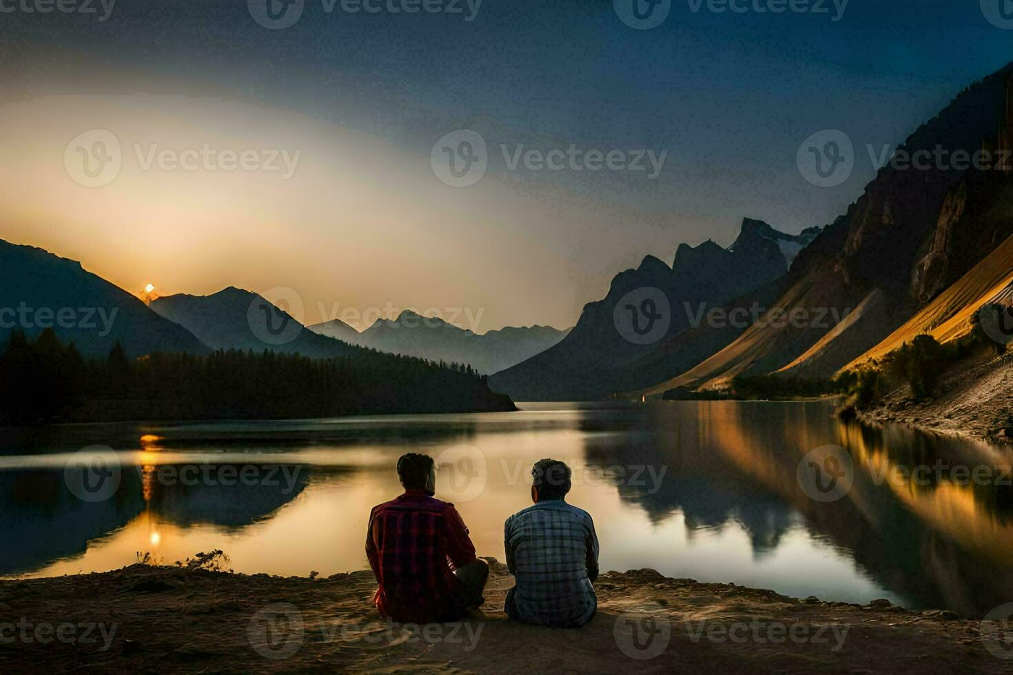 the couple is sitting on the ground and looking at the lake. AI-Generated photo
