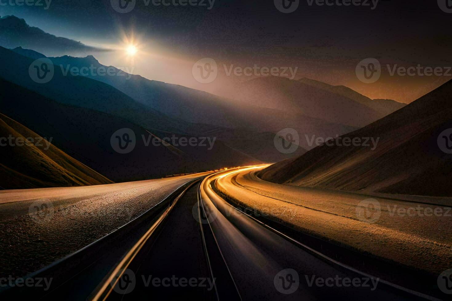 a long exposure photograph of a road in the mountains. AI-Generated photo