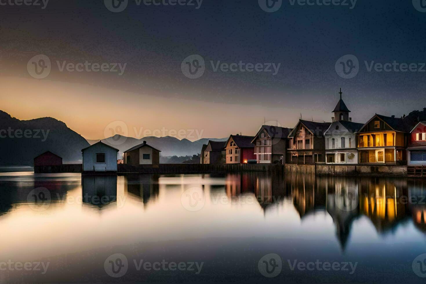 a beautiful sunset over a lake with houses. AI-Generated photo