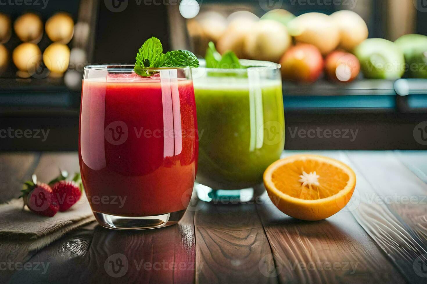 two glasses of juice with fruit and vegetables. AI-Generated photo