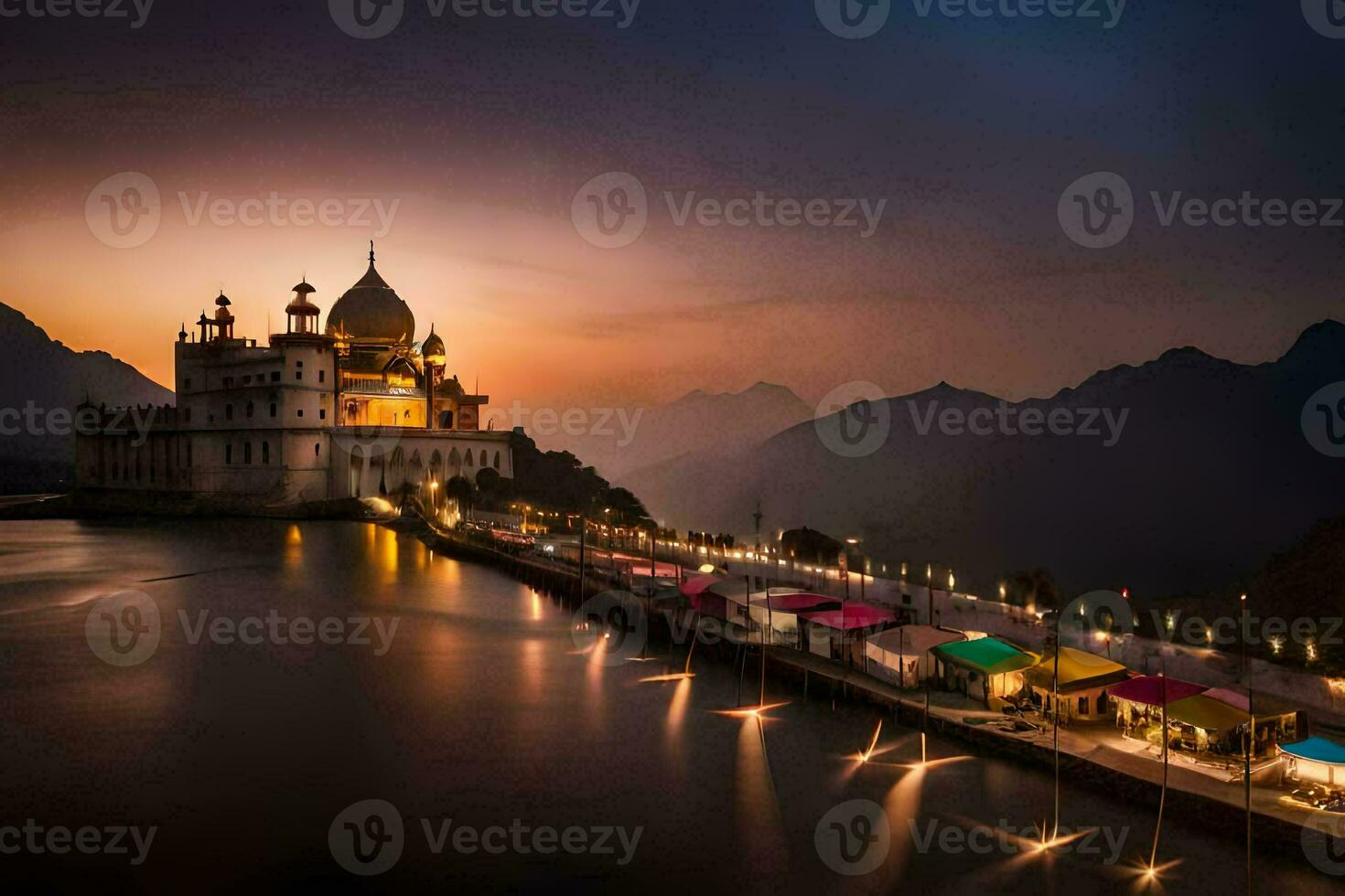 the sunset over the lake and a beautiful building. AI-Generated photo