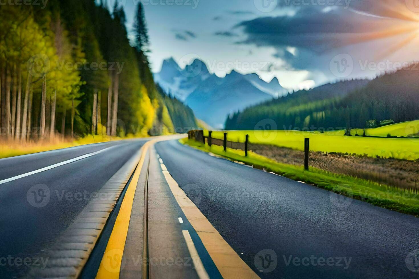 a road with trees and mountains in the background. AI-Generated photo